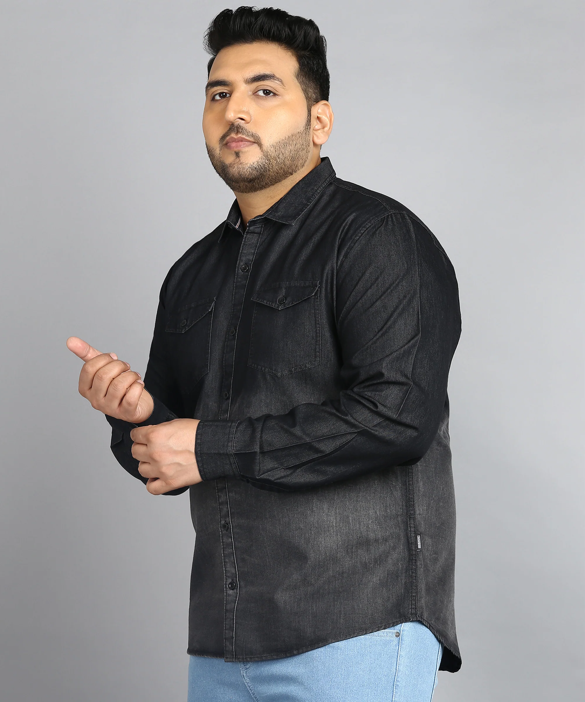 Plus Men's Black Denim Full Sleeve Regular Fit Washed Casual Shirt - Image 2