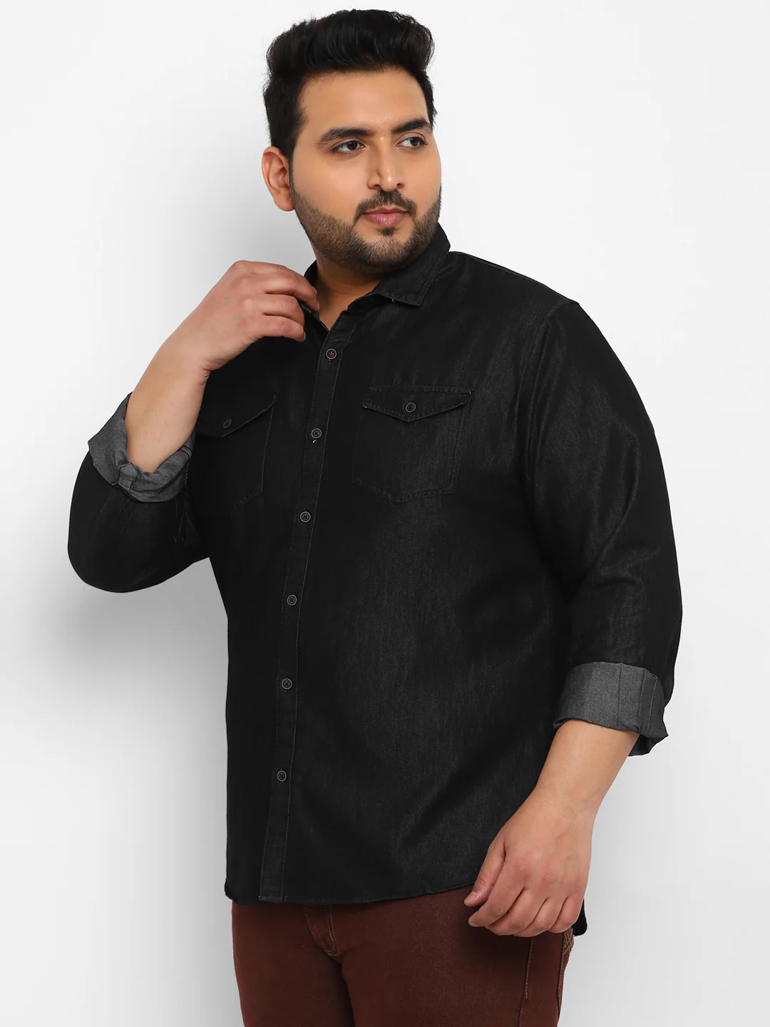 Plus Men's Black Full Sleeve Regular Fit Casual Denim Shirt - Image 2