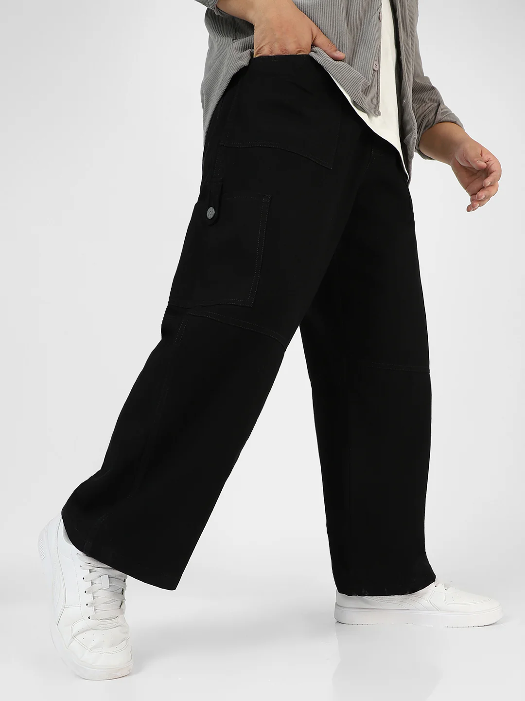 Plus Men's Black Loose Baggy Fit Washed Cargo Jeans with 6 Pockets Non-Stretchable