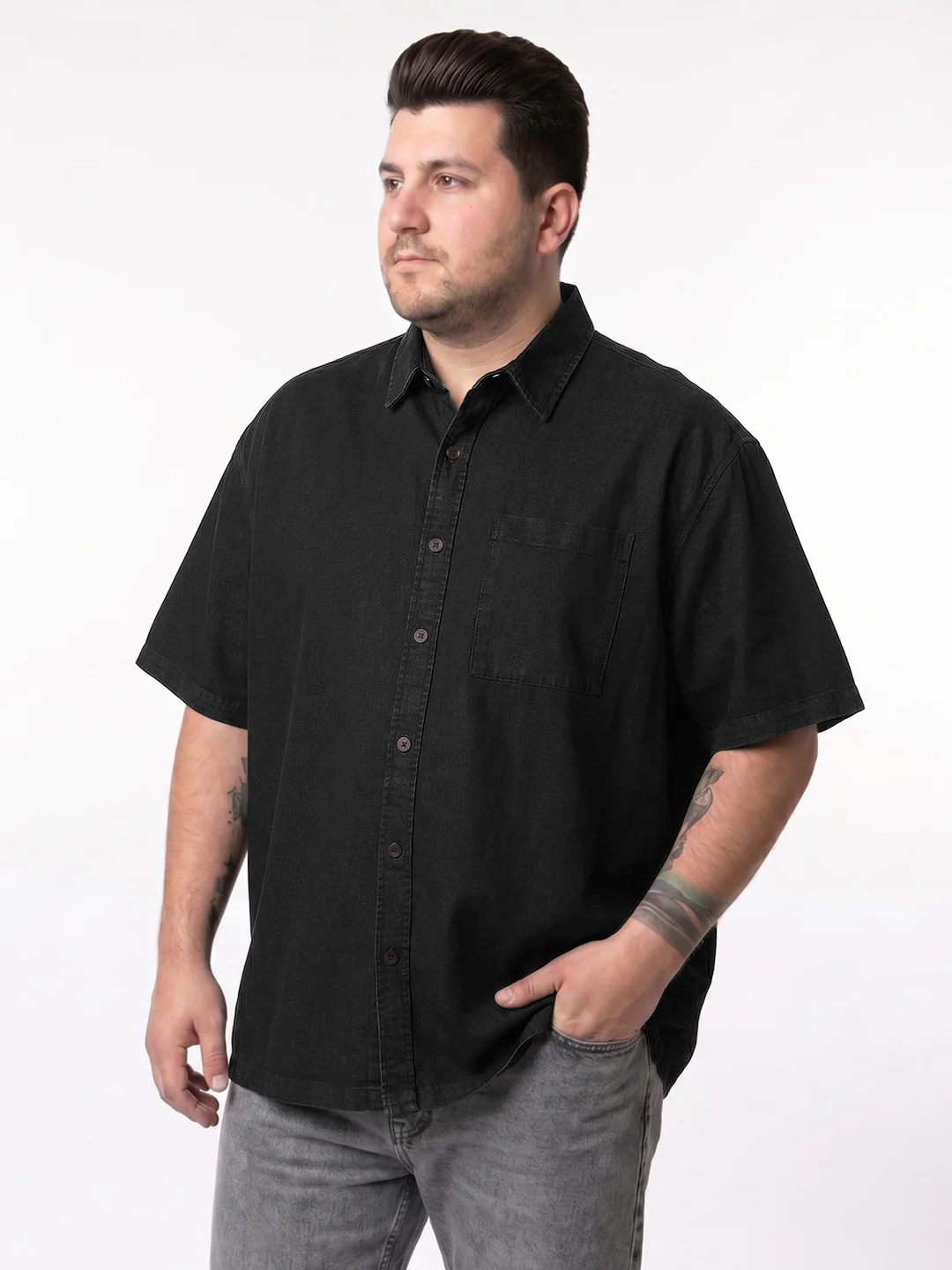 Plus Men's Black Oversized Fit Half Sleeve Solid Casual Denim Shirt - Image 2