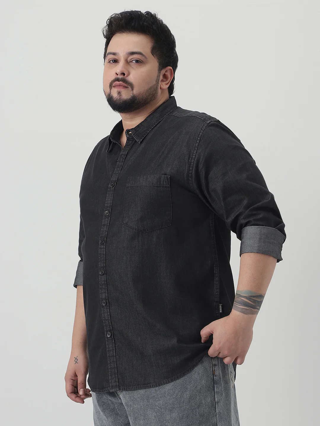 Plus Men's Black Regular Fit Full Sleeve Washed Denim Shirt - Image 2