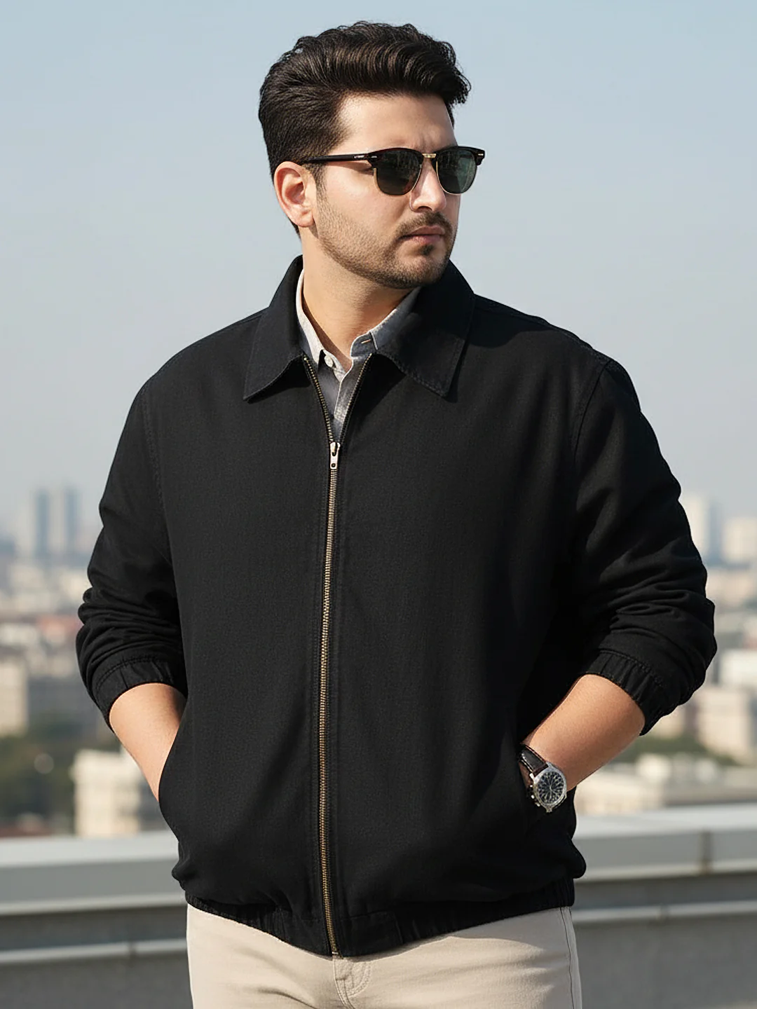Plus Men's Black Relaxed Fit Full Sleeve Harrington Denim Jacket