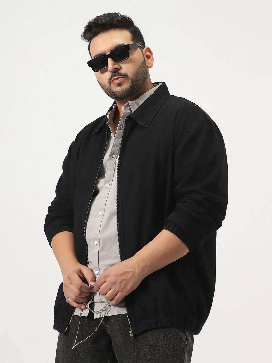 Plus Men's Black Relaxed Fit Full Sleeve Harrington Denim Jacket - Image 2