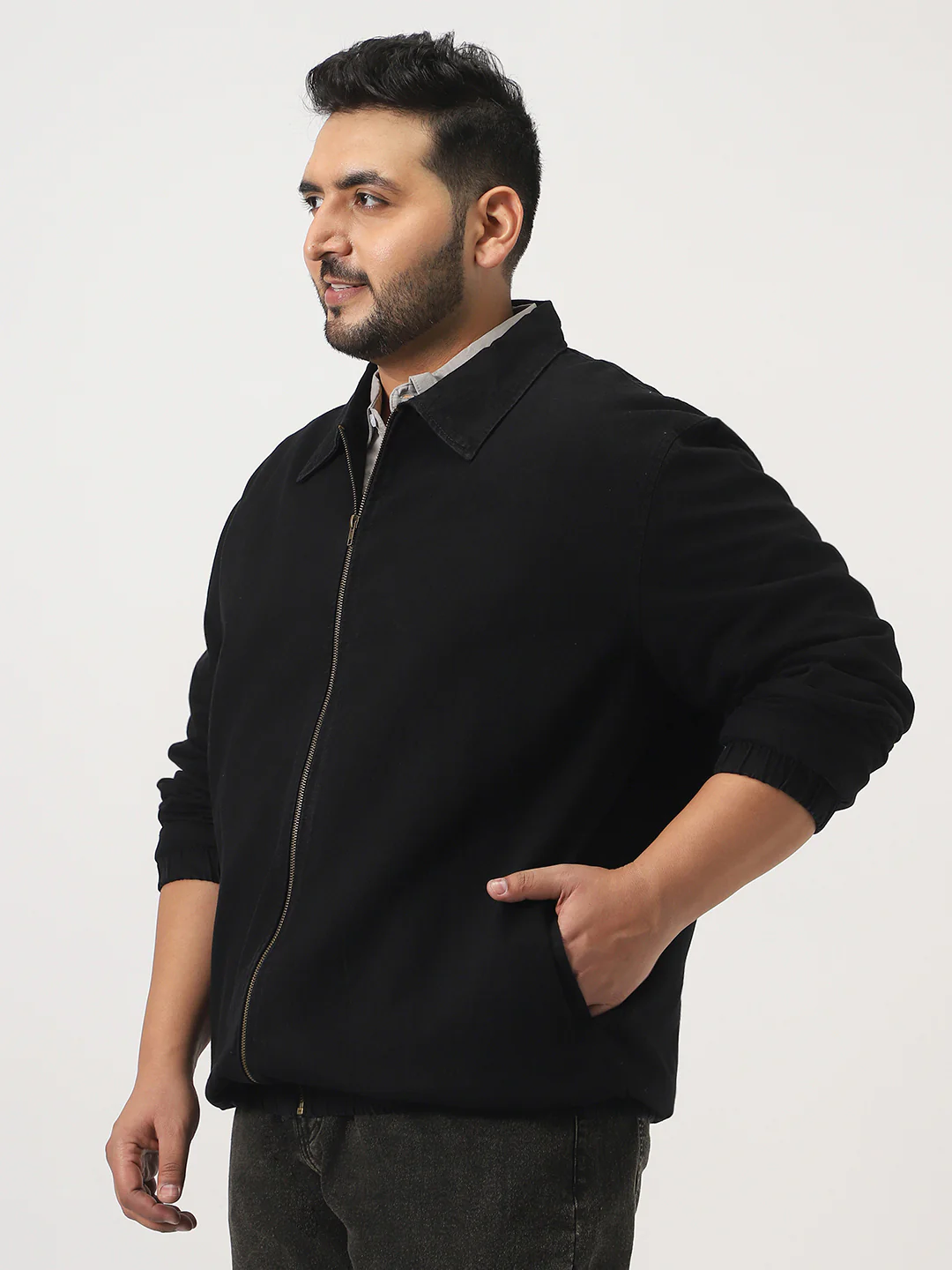 Plus Men's Black Relaxed Fit Full Sleeve Harrington Denim Jacket - Image 3
