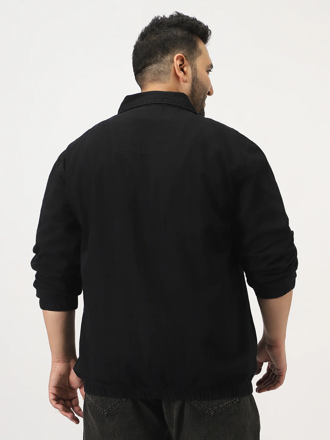 Plus Men's Black Relaxed Fit Full Sleeve Harrington Denim Jacket - Image 4