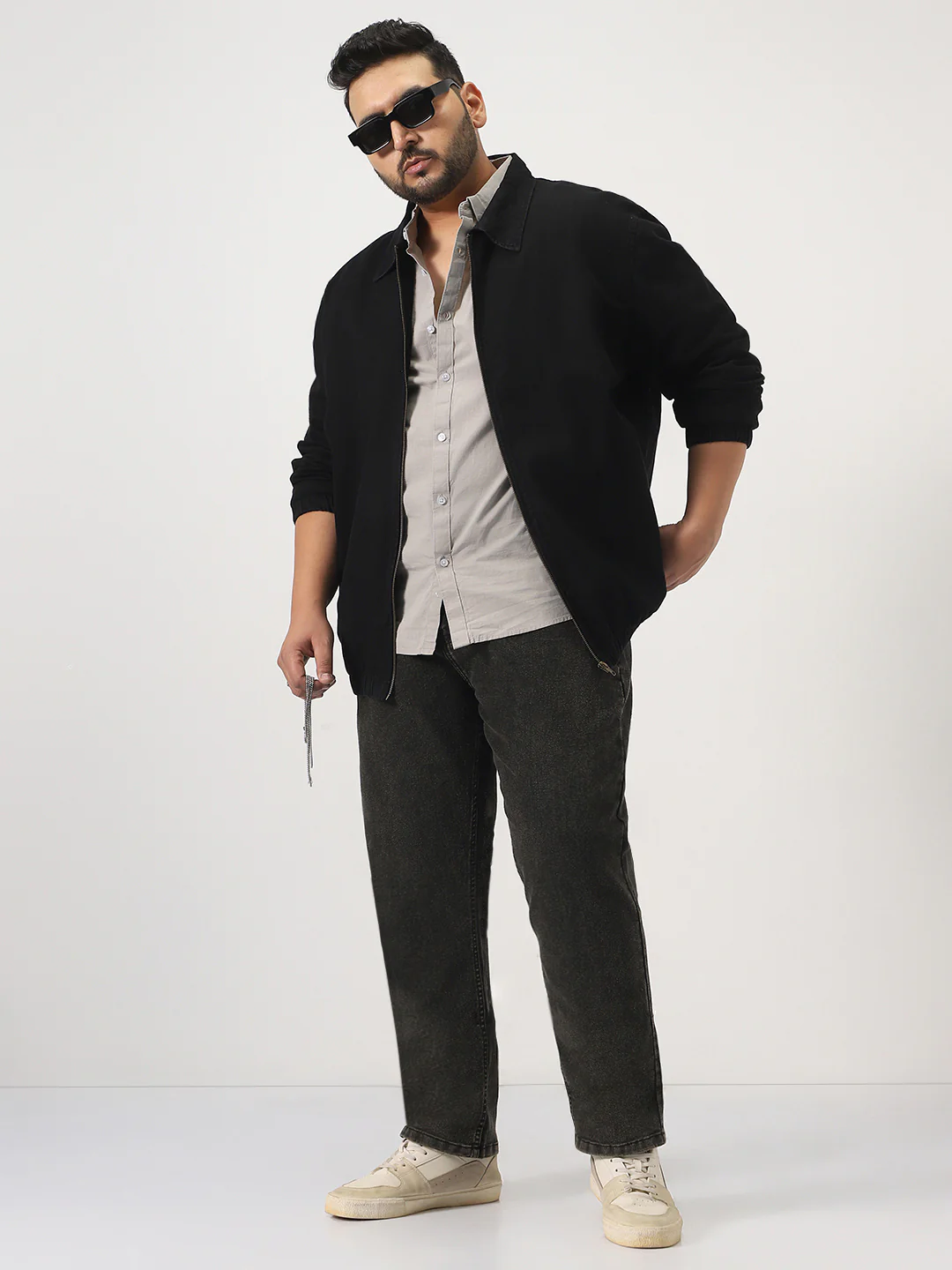 Plus Men's Black Relaxed Fit Full Sleeve Harrington Denim Jacket - Image 5