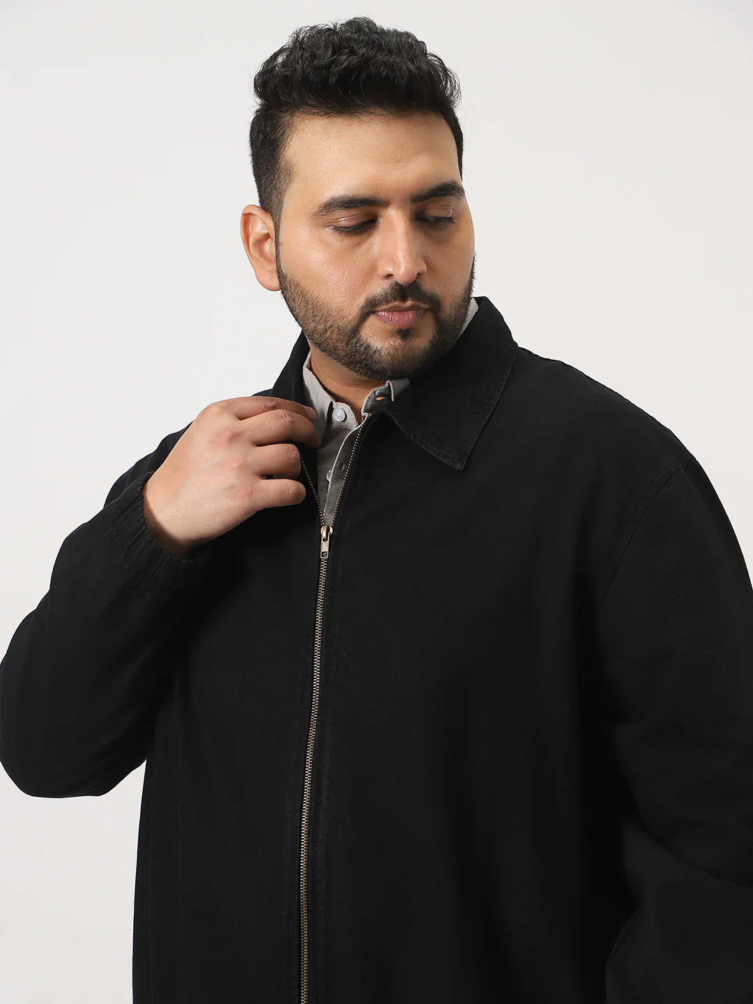 Plus Men's Black Relaxed Fit Full Sleeve Harrington Denim Jacket - Image 6