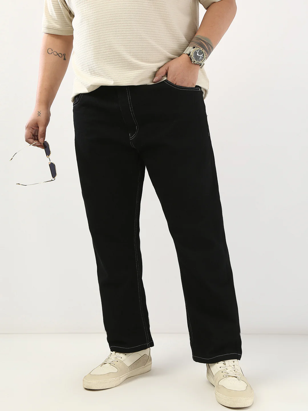 Plus Men's Black Straight Fit Washed Jeans Stretchable - Image 2