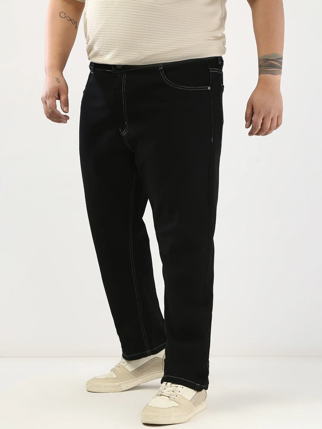 Plus Men's Black Straight Fit Washed Jeans Stretchable - Image 3