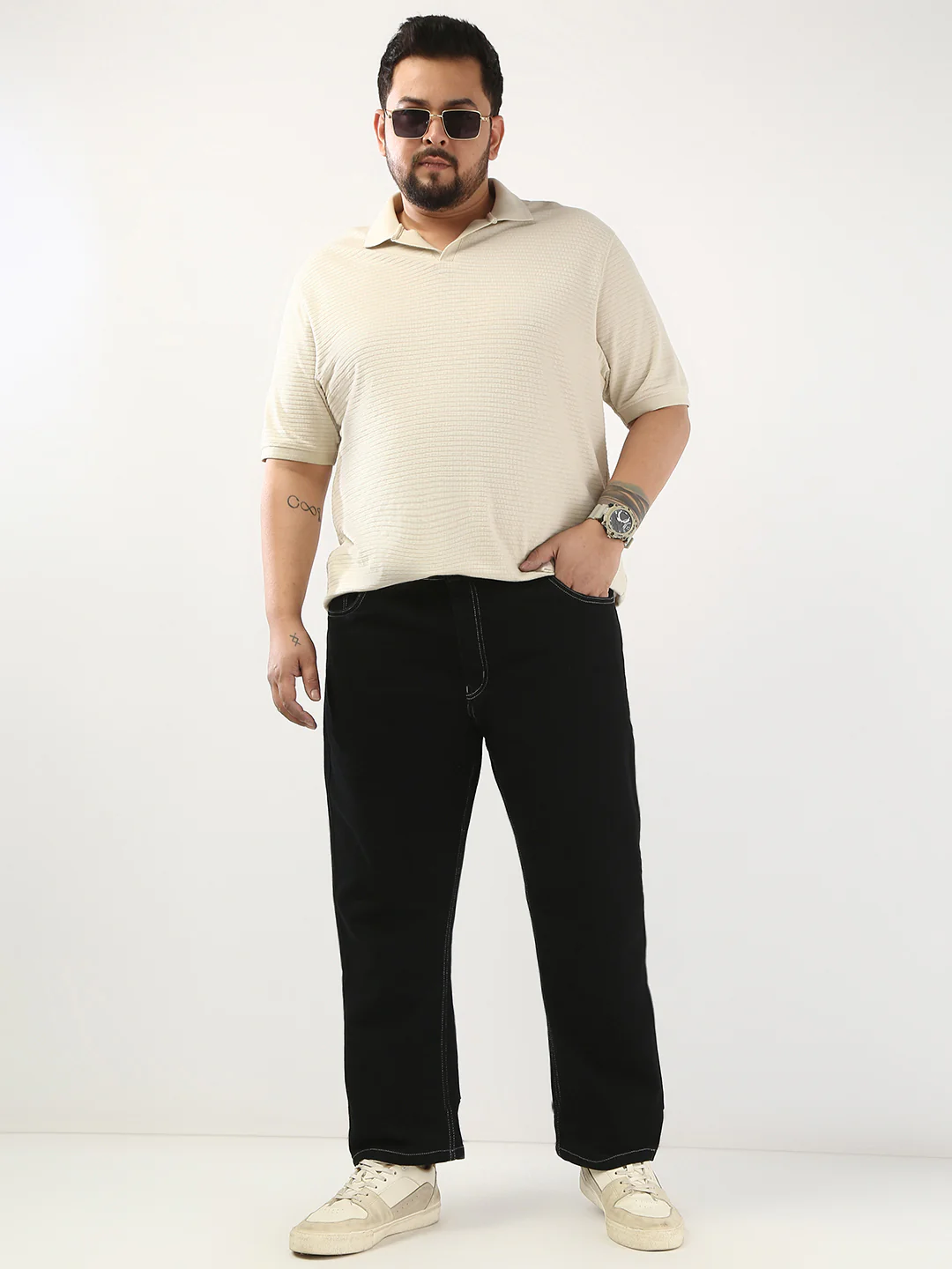 Plus Men's Black Straight Fit Washed Jeans Stretchable - Image 5
