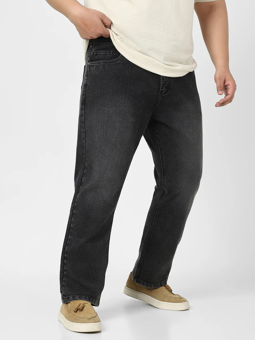 Plus Men's Black Straight Fit Washed Jeans Stretchable