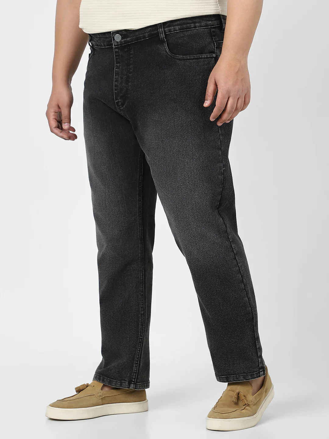 Plus Men's Black Straight Fit Washed Jeans Stretchable - Image 2