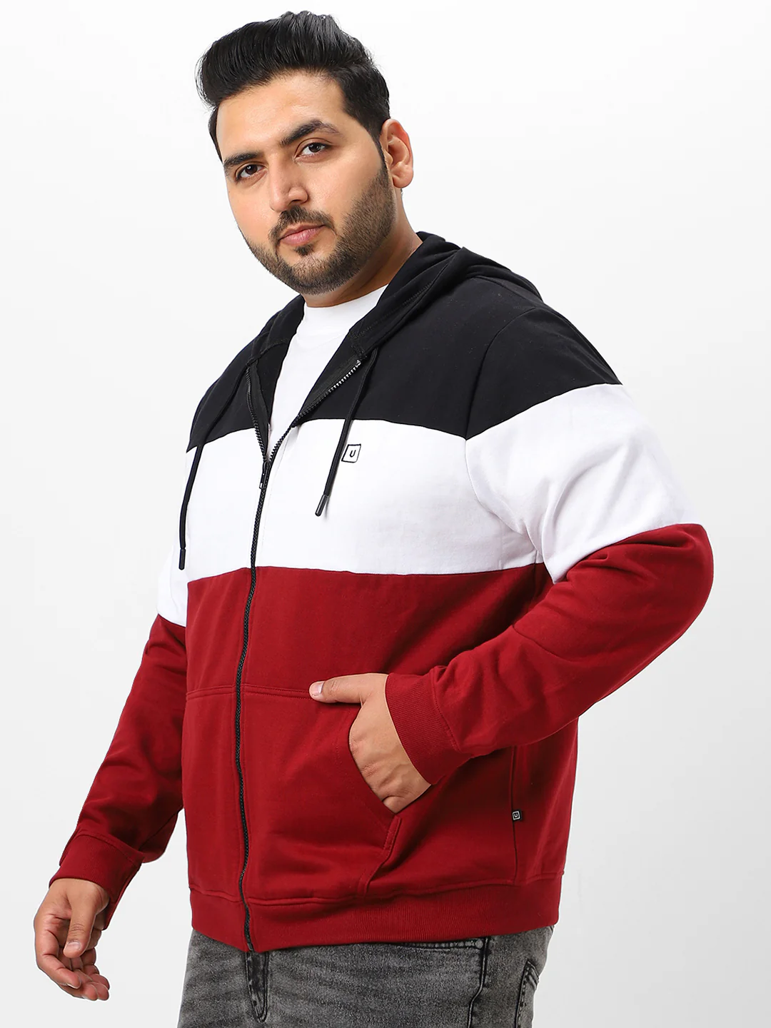 Plus Men's Black, White, Maroon Cotton Zippered Hooded Casual Winterwear Sweatshirt - Image 2