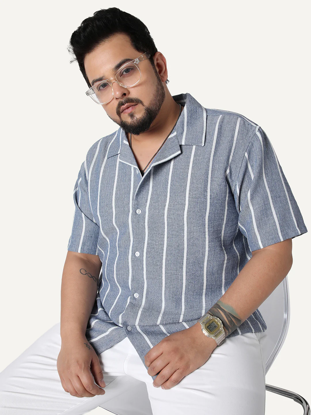 Plus Men's Blue Cotton Half Sleeve Relaxed Fit Linen Striped Shirt with Cuban Collar