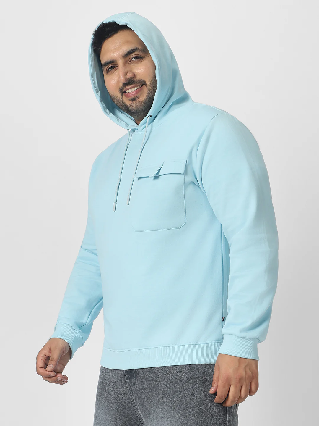 Plus Men's Blue Cotton Solid Hooded Neck Sweatshirt - Image 2