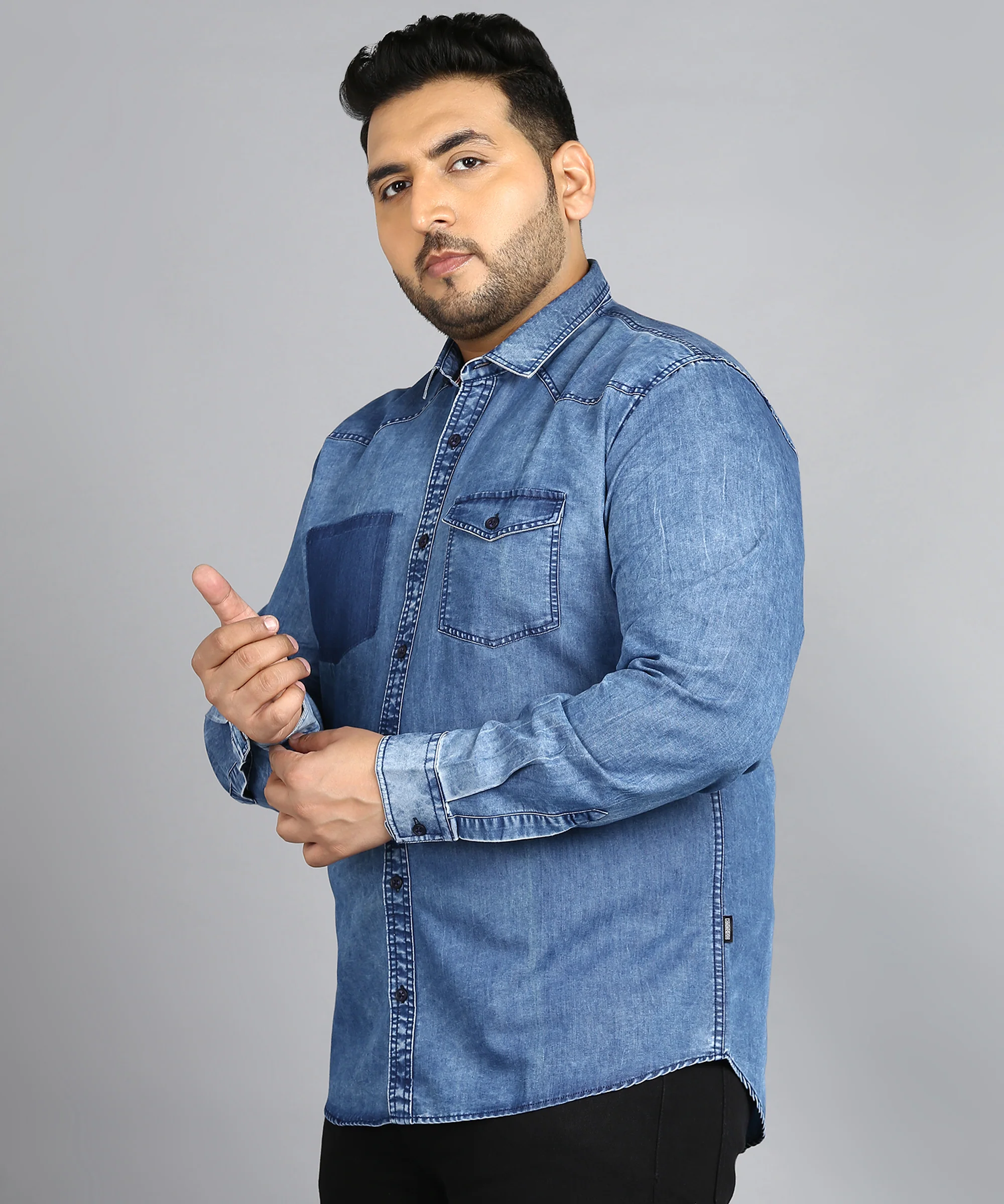 Plus Men's Blue Denim Full Sleeve Regular Fit Washed Casual Shirt - Image 2