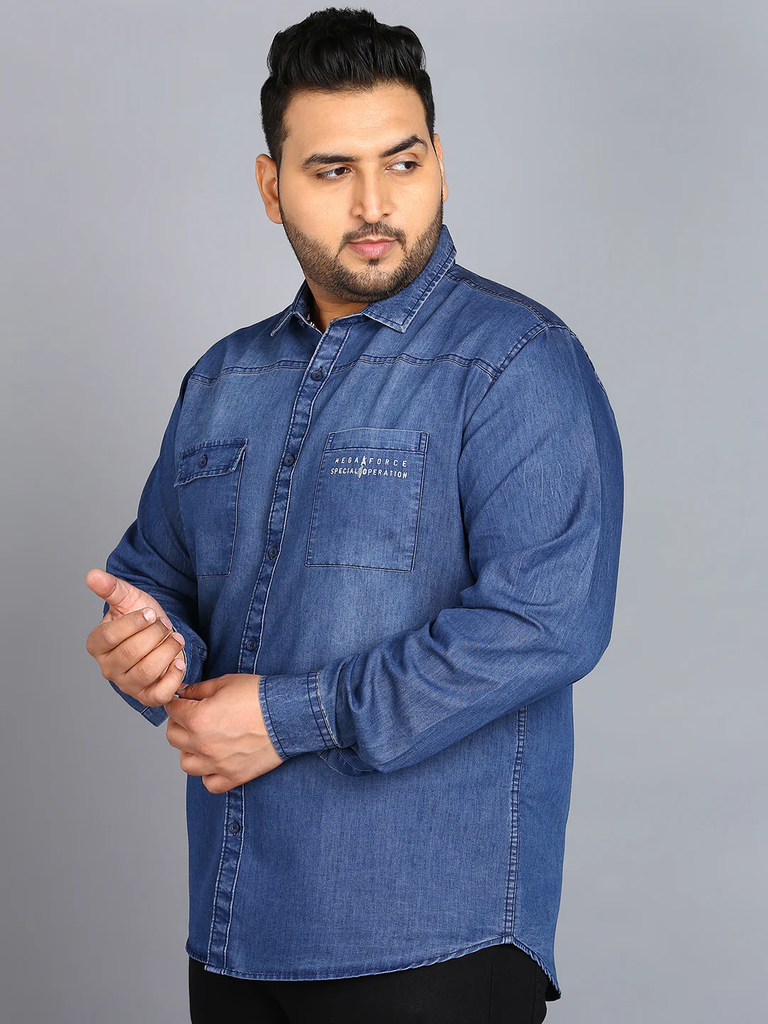 Plus Men's Blue Denim Full Sleeve Regular Fit Washed Casual Shirt - Image 2