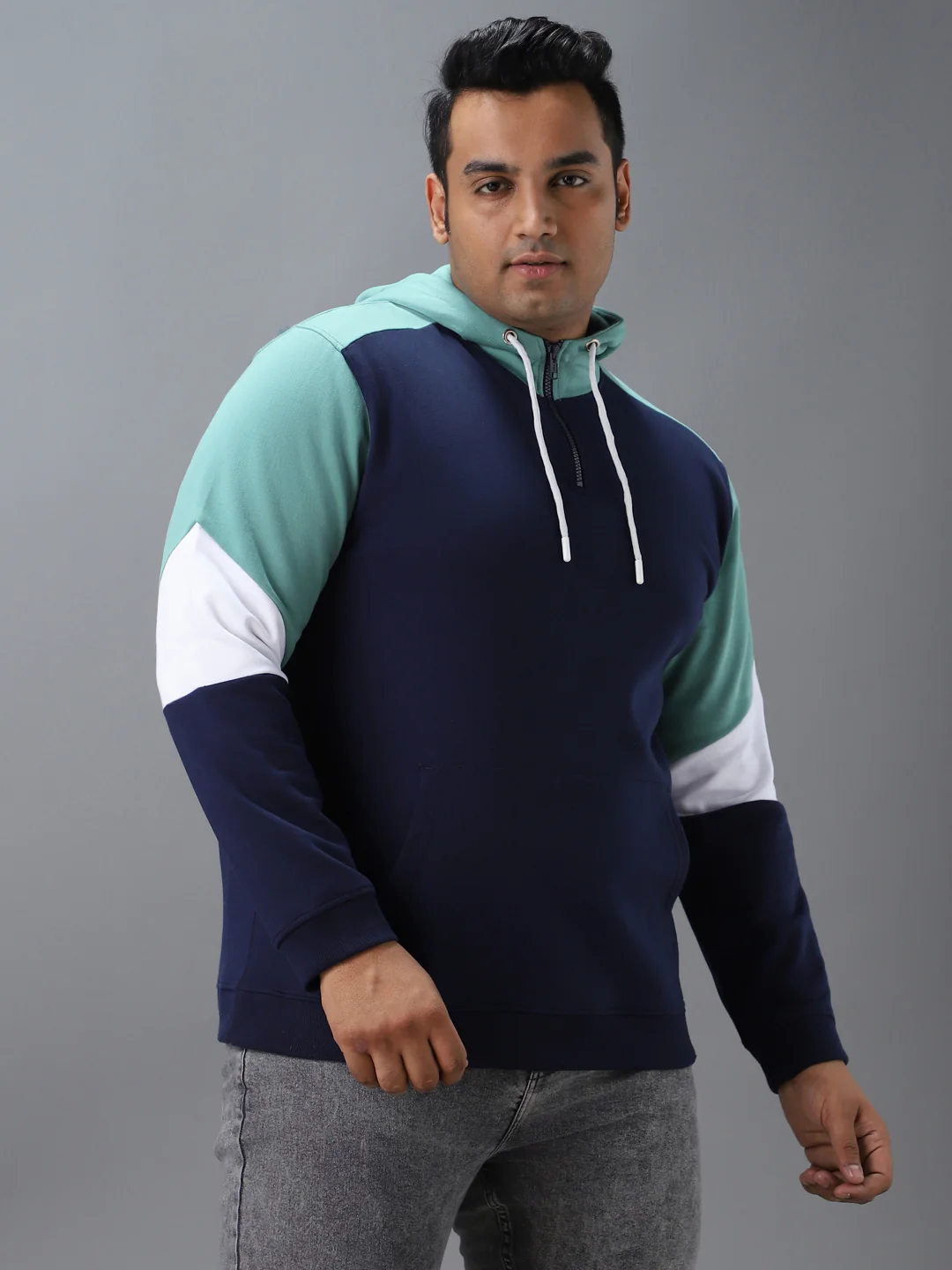 Plus Men's Blue, Green Cotton Colour Block Hooded Neck Sweatshirt - Image 2
