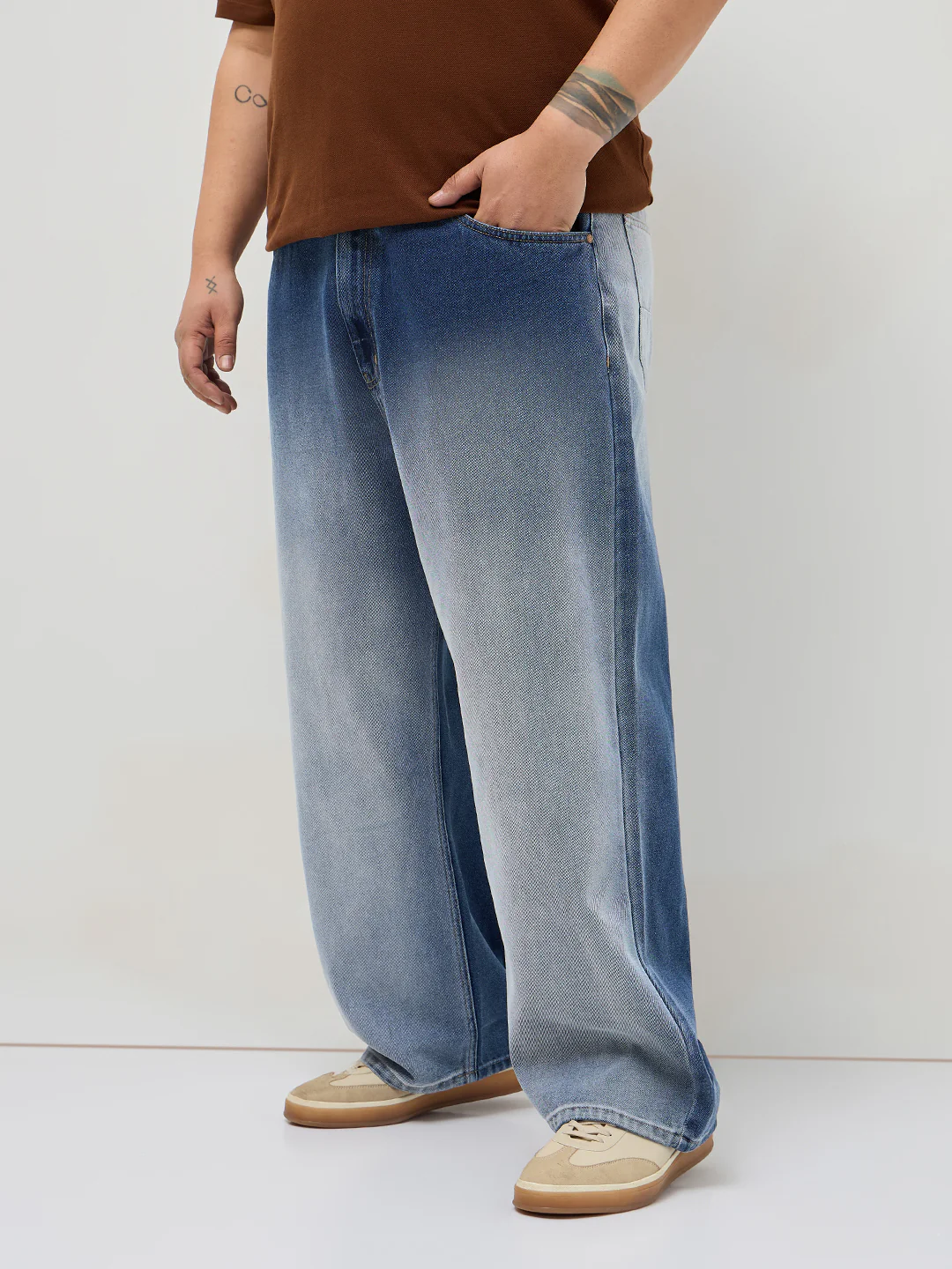 Plus Men's Blue Loose Baggy Fit Heavy Washed Faded Denim Jeans Non-Stretchable - Image 2