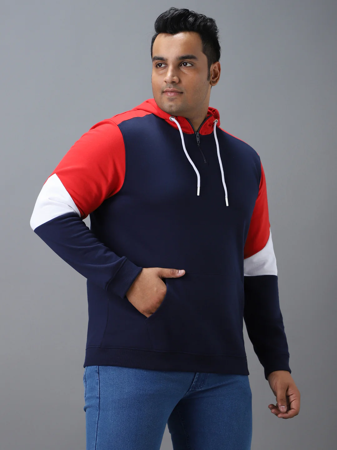 Plus Men's Blue, Red Cotton Colour Block Hooded Neck Sweatshirt - Image 2