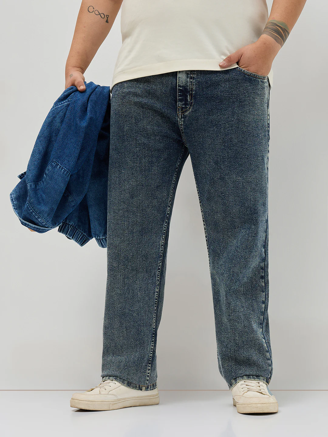 Plus Men's Blue Regular Fit Towel Washed Yellow Tint Denim Jeans Stretchable