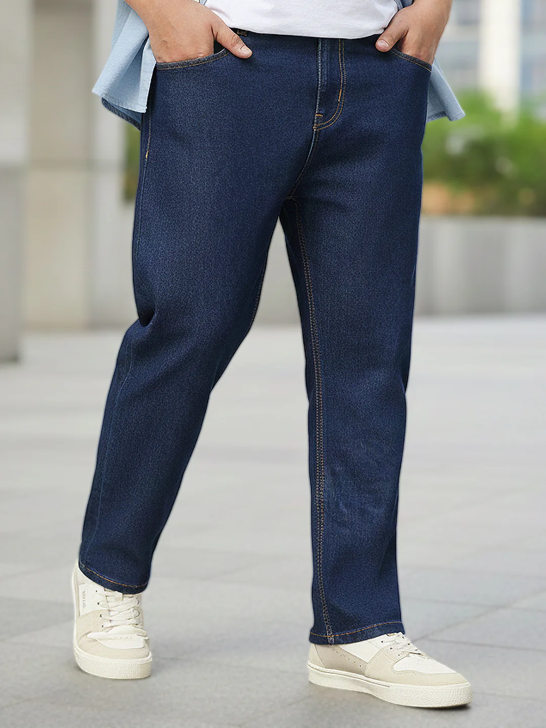 Plus Men's Blue Regular Fit Solid Jeans Stretchable