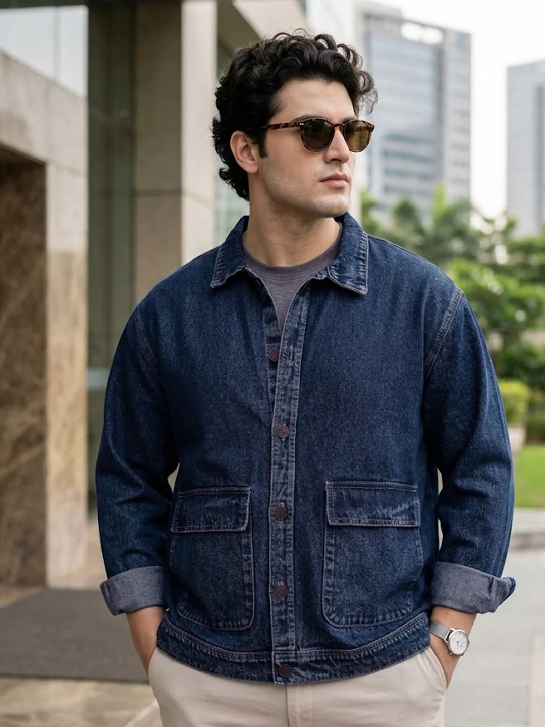 Plus Men's Blue Relaxed Fit Full Sleeve Utility Denim Jacket