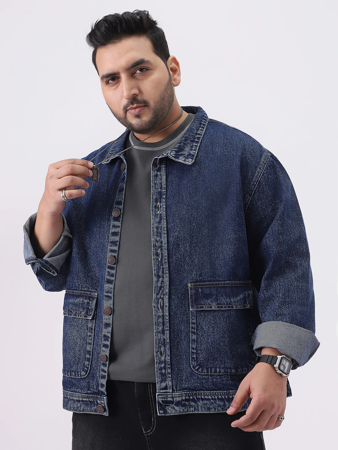 Plus Men's Blue Relaxed Fit Full Sleeve Utility Denim Jacket - Image 2