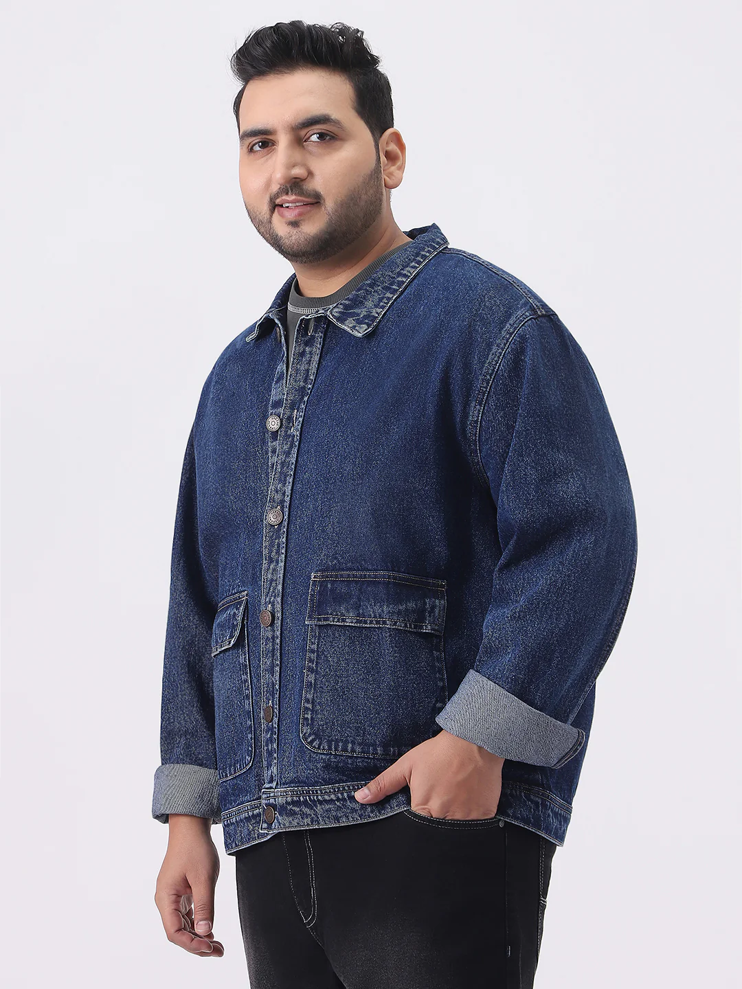 Plus Men's Blue Relaxed Fit Full Sleeve Utility Denim Jacket - Image 3