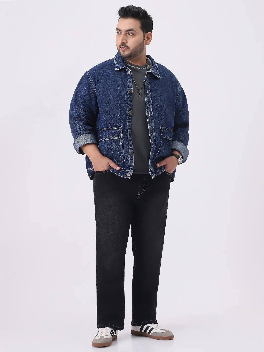 Plus Men's Blue Relaxed Fit Full Sleeve Utility Denim Jacket - Image 5