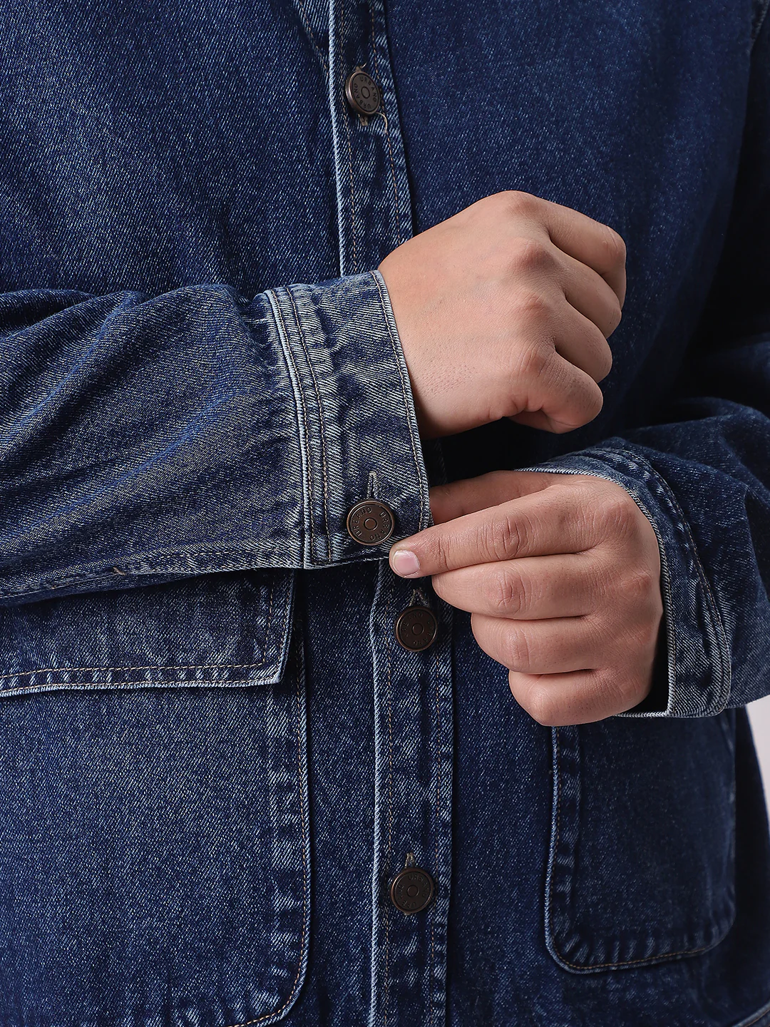 Plus Men's Blue Relaxed Fit Full Sleeve Utility Denim Jacket - Image 7