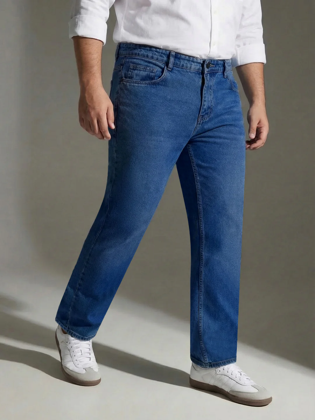 Plus Men's Blue Relaxed Fit Washed Denim Jeans Non-Stretchable - Image 2