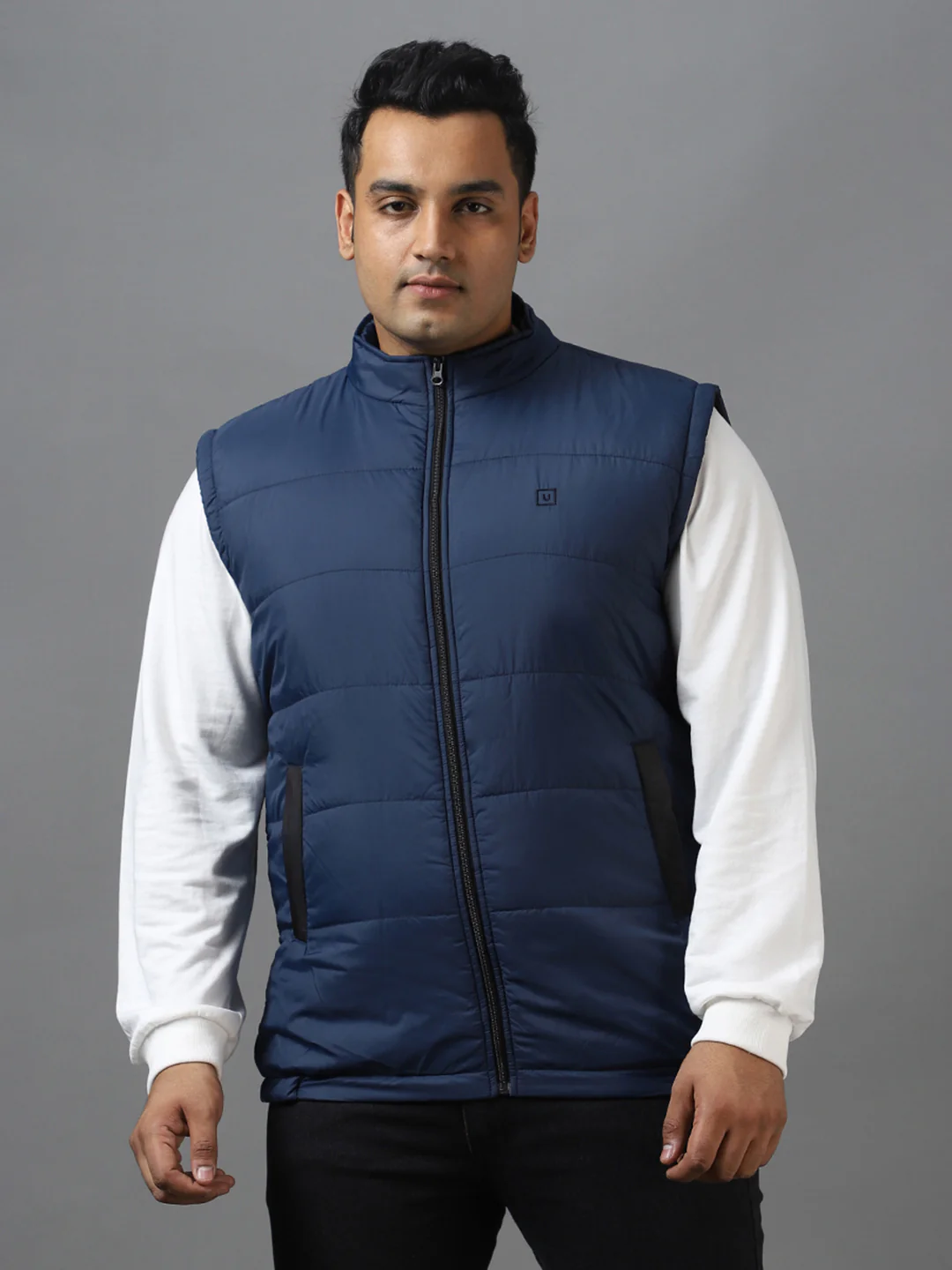 Plus Men's Blue Sleeveless Zippered Puffer Jacket - Image 2