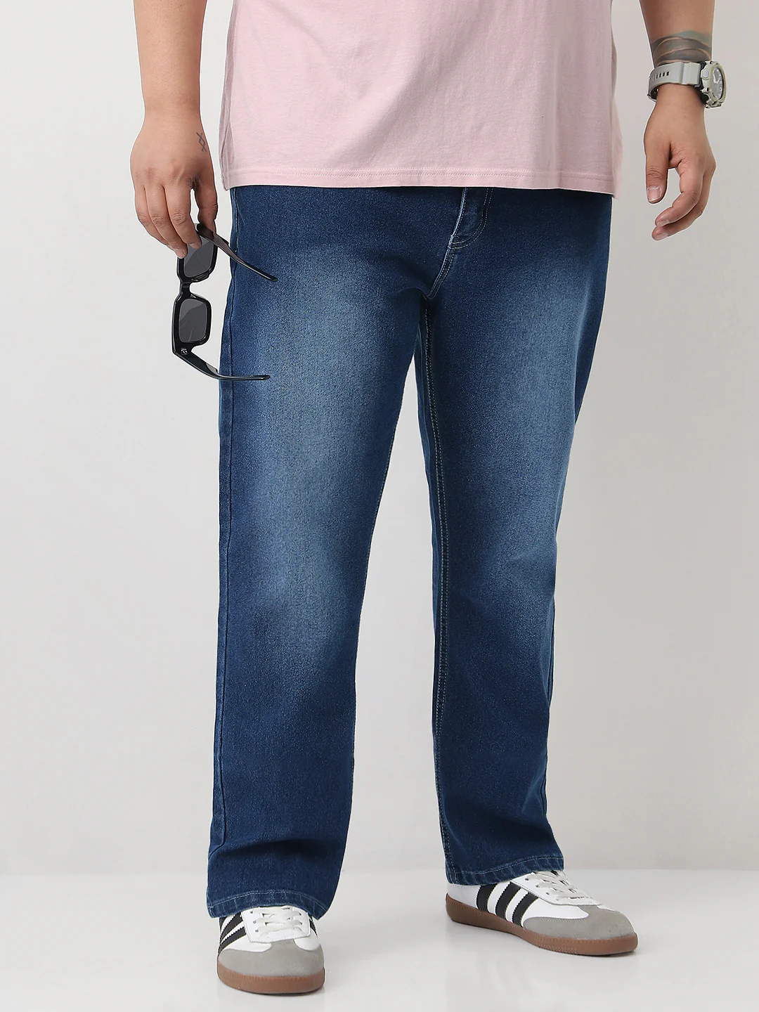Plus Men's Blue Straight Fit Washed Jeans Stretchable - Image 2