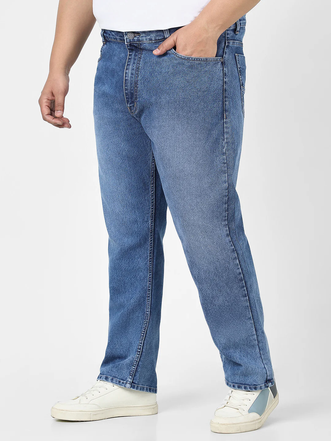 Plus Men's Blue Straight Fit Washed Jeans Stretchable - Image 2