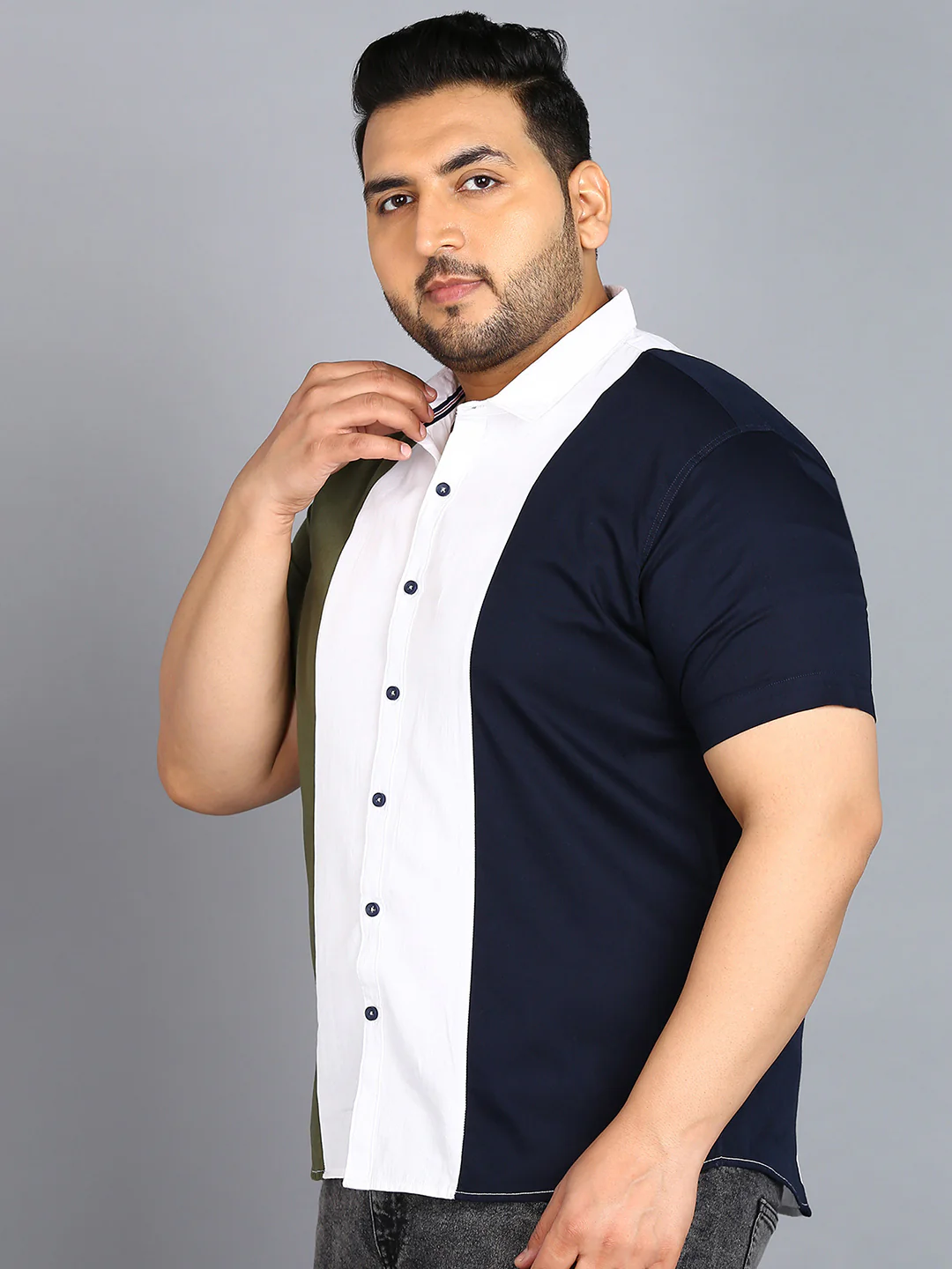 Plus Men's Blue, White, Green Cotton Half Sleeve Regular Fit Casual Colorblock Shirt - Image 2