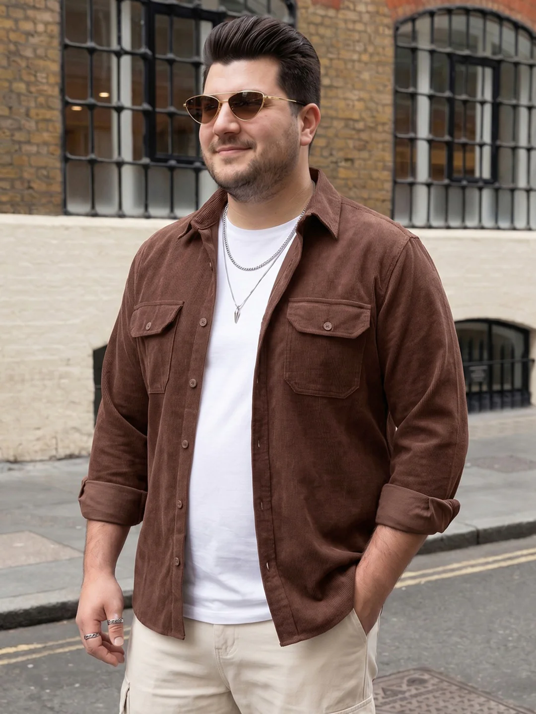Plus Men's Brown Corduroy Full Sleeve Regular Fit Solid Overshirt with Utility Pockets