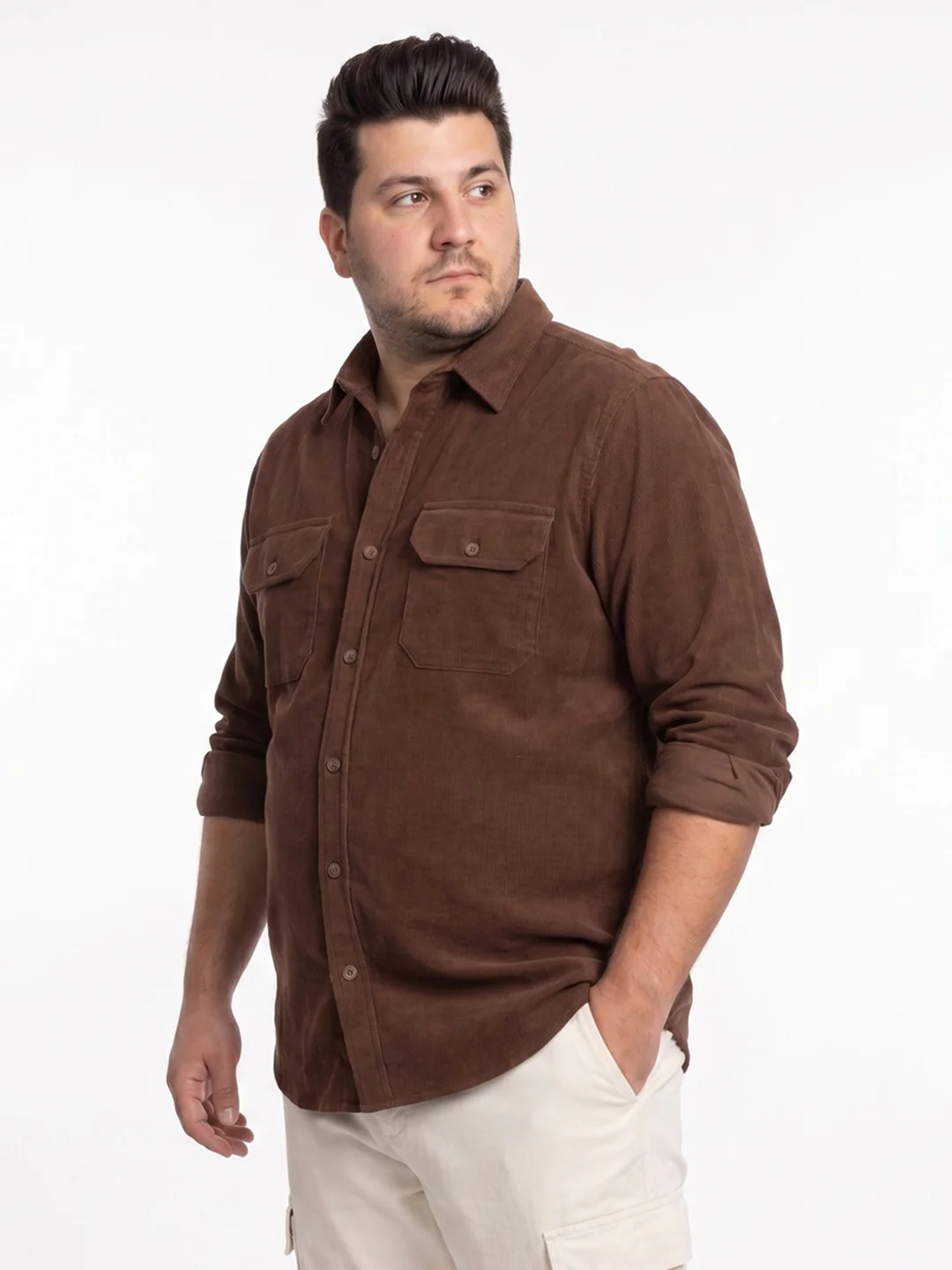 Plus Men's Brown Corduroy Full Sleeve Regular Fit Solid Overshirt with Utility Pockets - Image 2