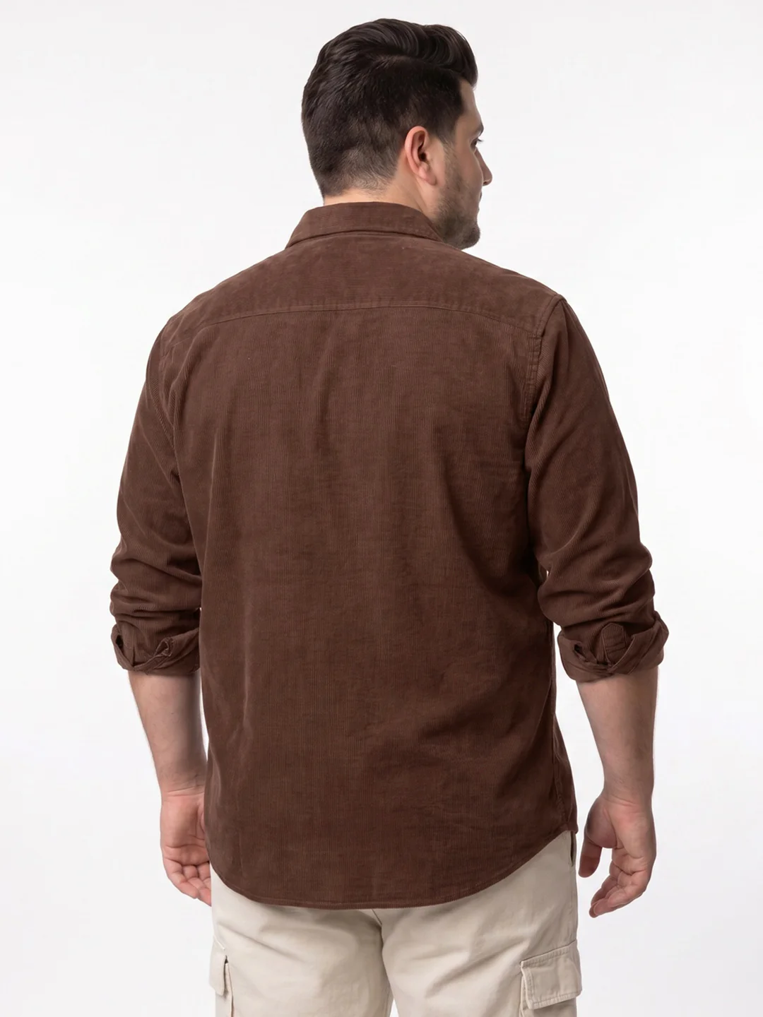 Plus Men's Brown Corduroy Full Sleeve Regular Fit Solid Overshirt with Utility Pockets - Image 3