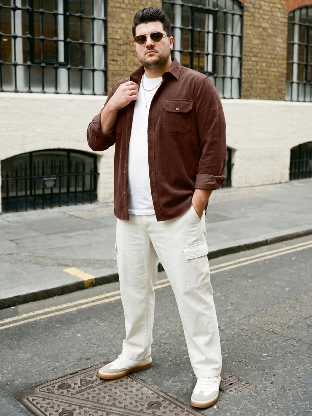 Plus Men's Brown Corduroy Full Sleeve Regular Fit Solid Overshirt with Utility Pockets - Image 4