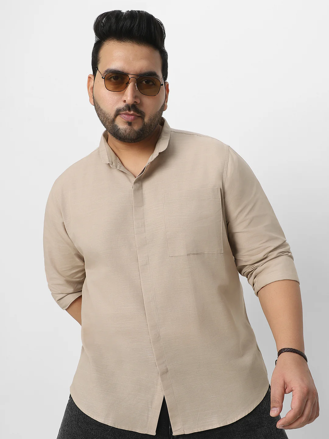 Men's Brown Cotton Full Sleeve Regular Fit Casual Solid Shirt with Band Collar - Image 2