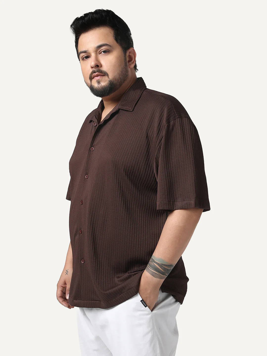Plus Men's Brown Cotton Half Sleeve Oversized Fit Textured Shirt with Cuban Collar - Image 2
