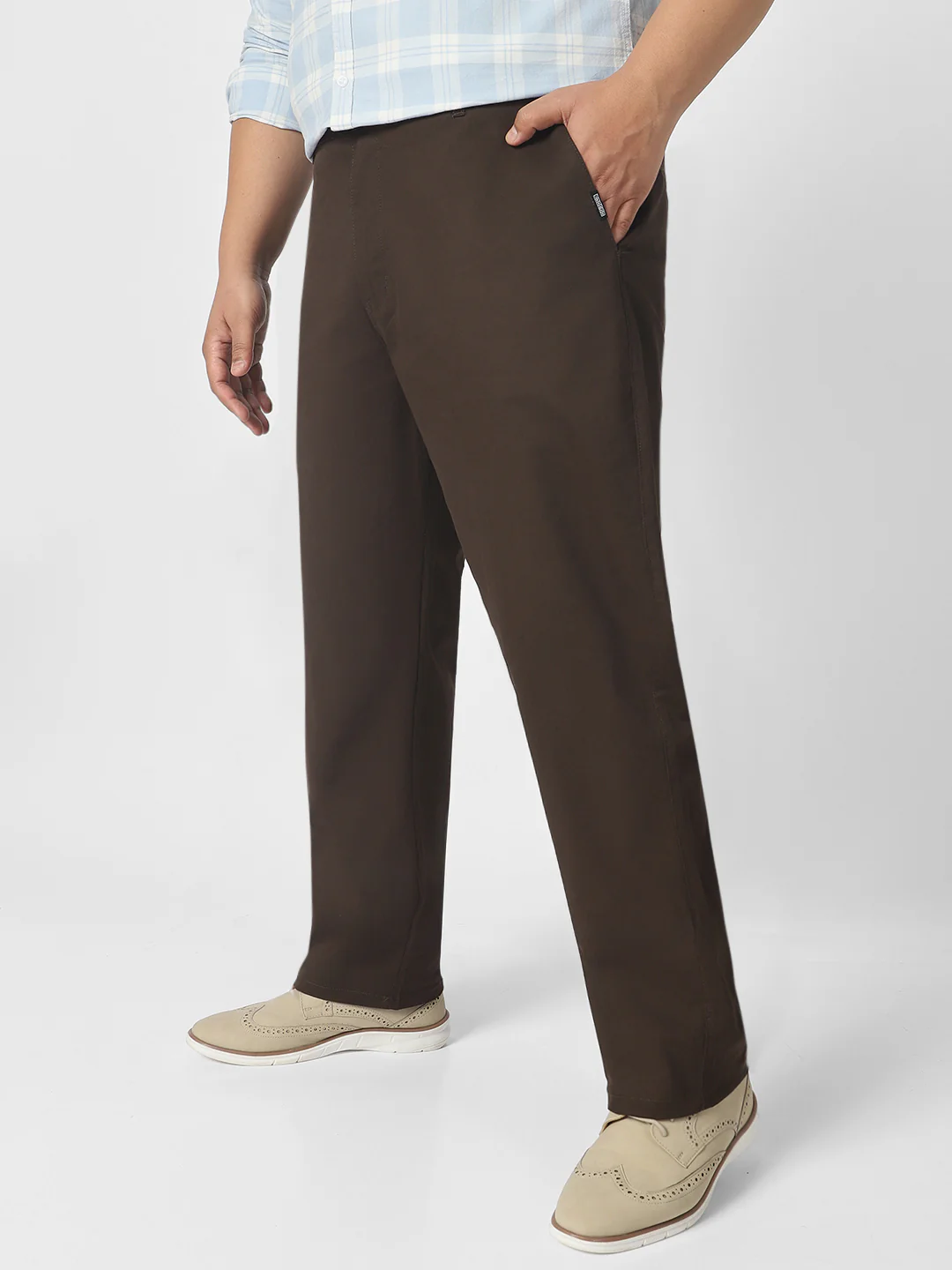 Plus Men's Chocolate Brown Cotton Regular Fit Casual Chinos Trousers Stretch - Image 2