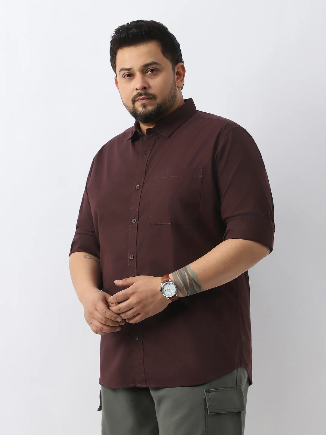 Plus Men's Cocoa Cotton Full Sleeve Regular Fit Casual Solid Shirt - Image 2