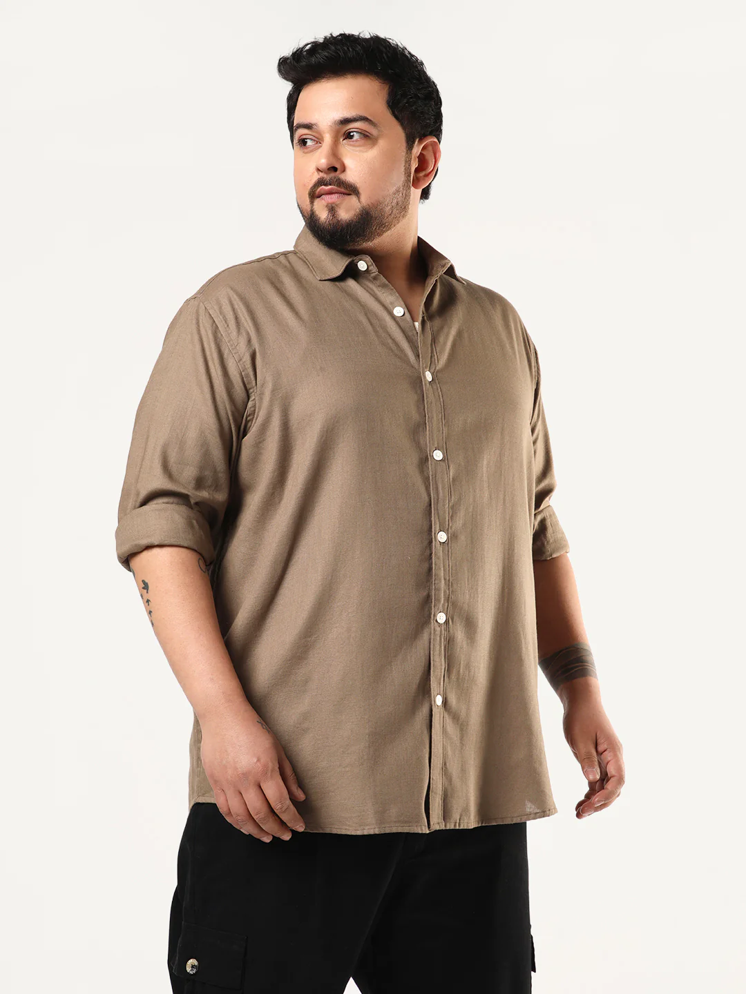 Plus Men's Coffee Linen Blend Full Sleeve Relaxed Fit Casual Solid Shirt - Image 2