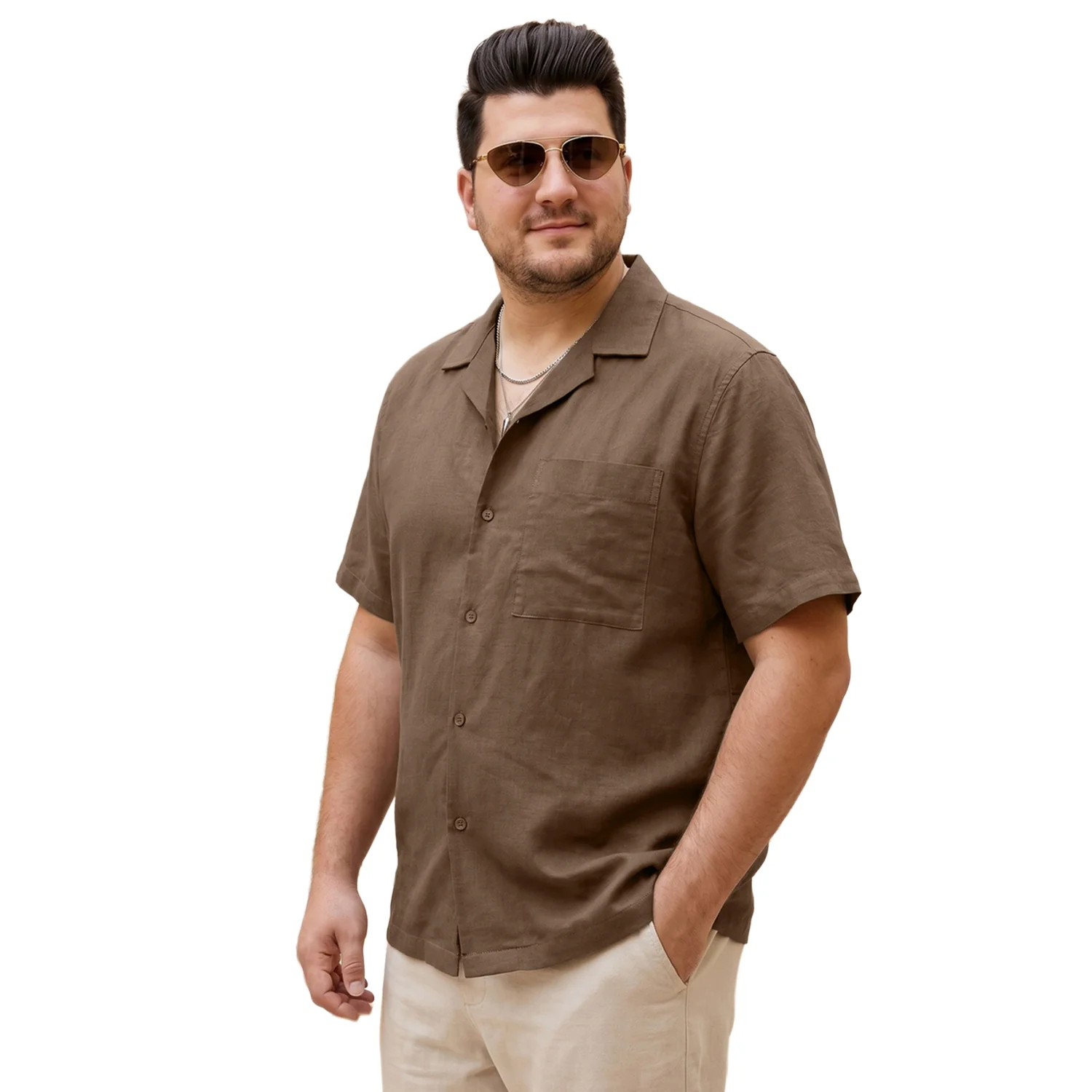 Plus Men's Coffee Linen Half Sleeve Oversized Fit Shirt with Cuban Collar - Image 2