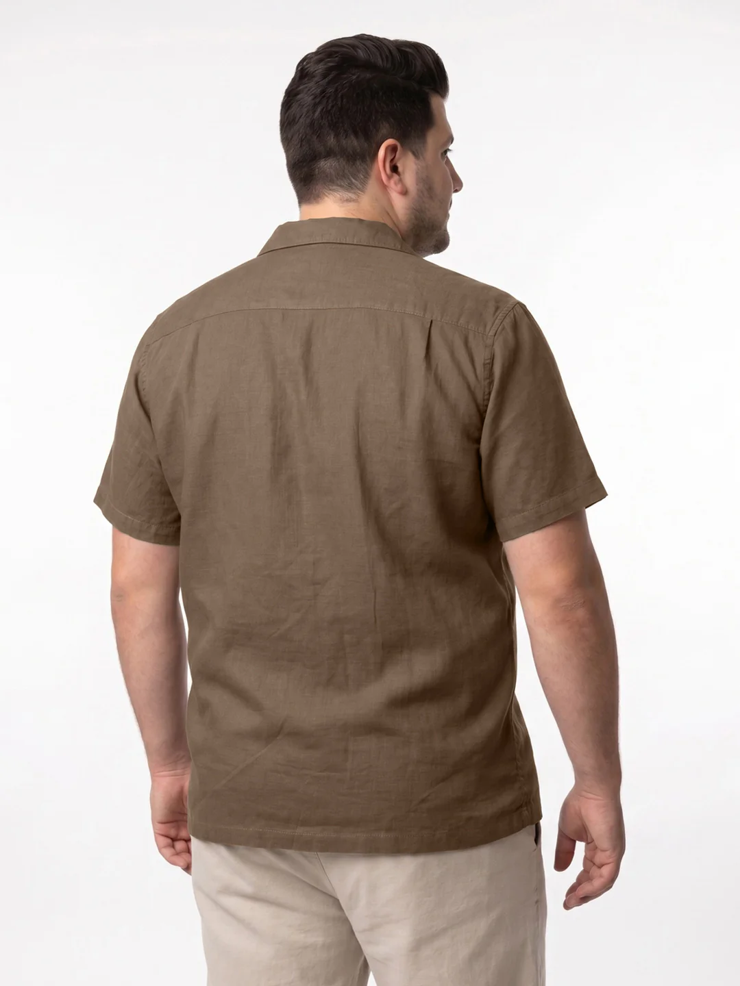 Plus Men's Coffee Linen Half Sleeve Oversized Fit Shirt with Cuban Collar - Image 3