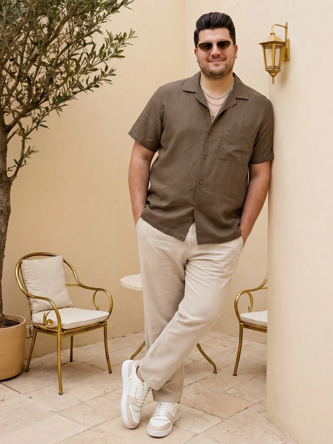 Plus Men's Coffee Linen Half Sleeve Oversized Fit Shirt with Cuban Collar - Image 4