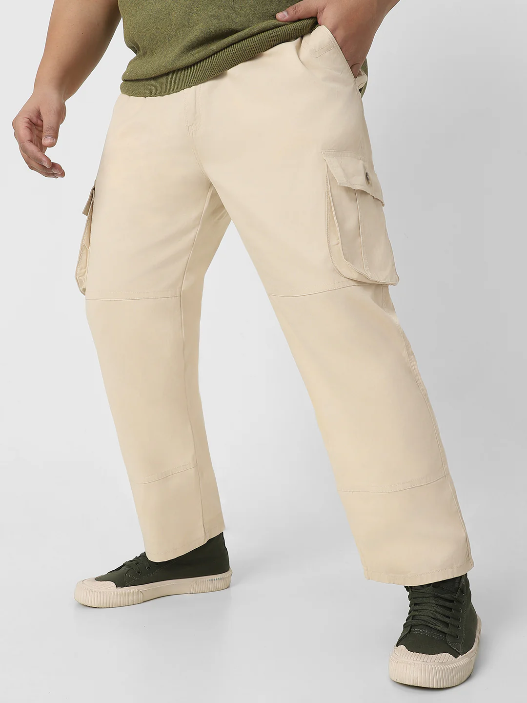 Plus Men's Cream Regular Fit Solid Cargo Chino Pant with 6 Pockets - Image 2