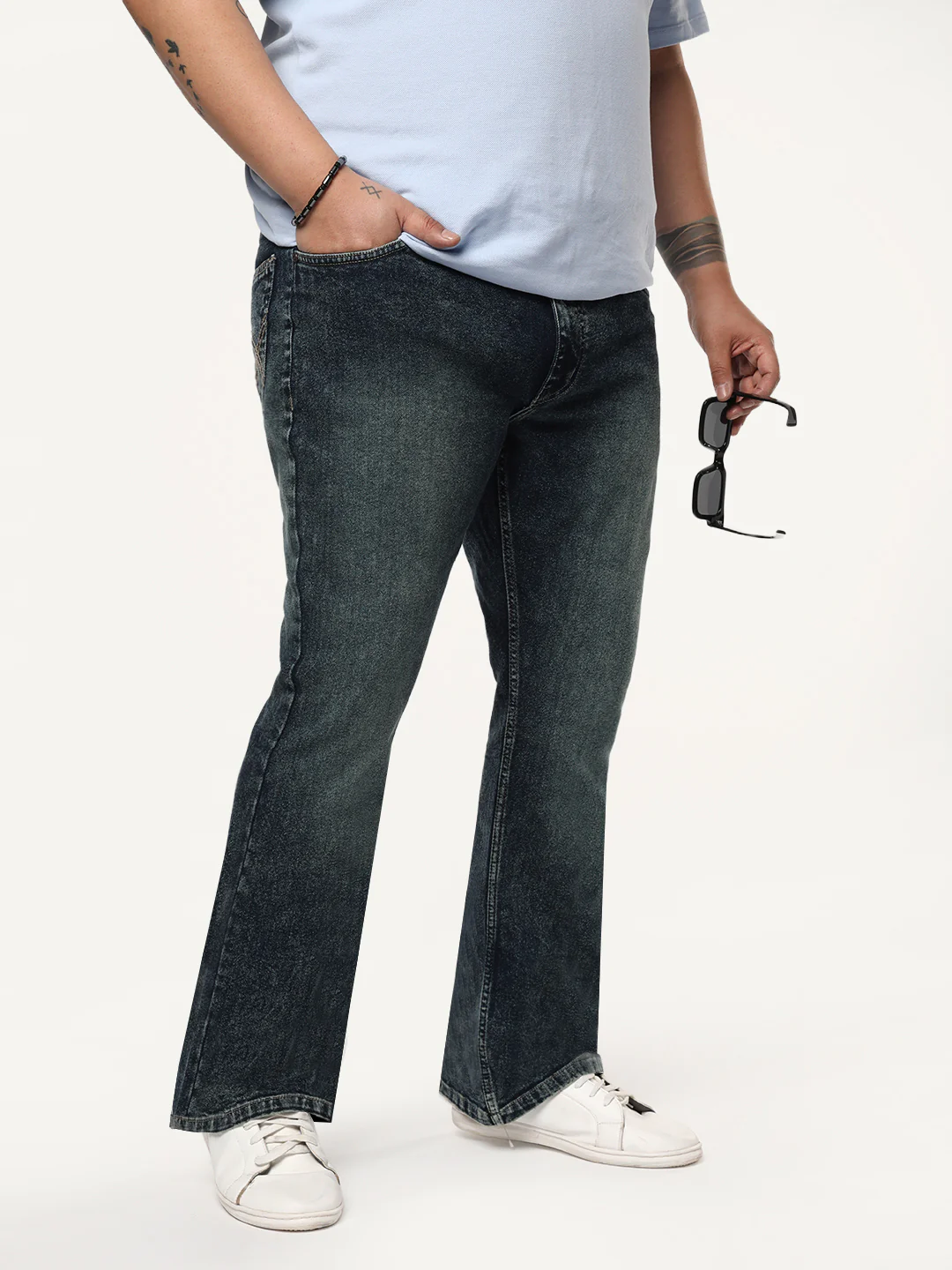 Plus Men's Dark Blue Bootcut Fit Mid Rise Tinted Heavy Washed Jeans Stretchable - Image 2